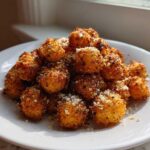 A mound of golden brown, crispy Air Fryer Ranch Chickpeas sprinkled with grated cheese on a white plate.