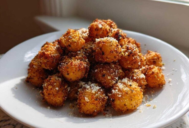 A mound of golden brown, crispy Air Fryer Ranch Chickpeas sprinkled with grated cheese on a white plate.