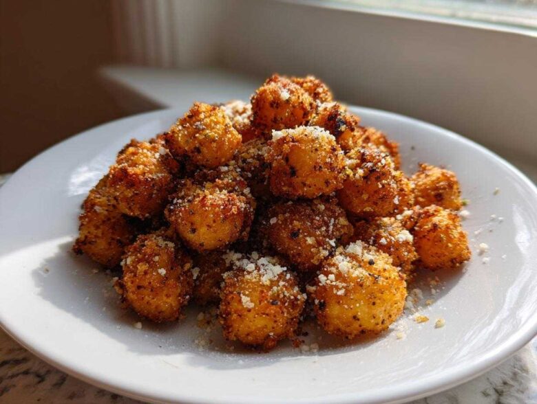 A mound of golden brown, crispy Air Fryer Ranch Chickpeas sprinkled with grated cheese on a white plate.