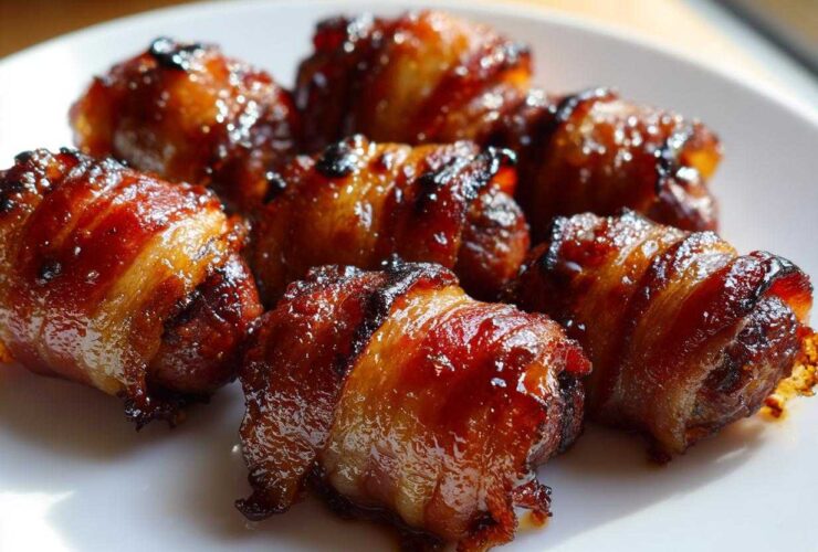 Close-up of several sticky, glazed Apple Butter Bacon Wrapped Smokies piled on a white plate.