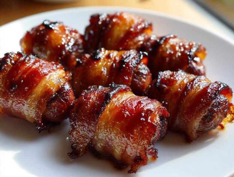 Close-up of several sticky, glazed Apple Butter Bacon Wrapped Smokies piled on a white plate.
