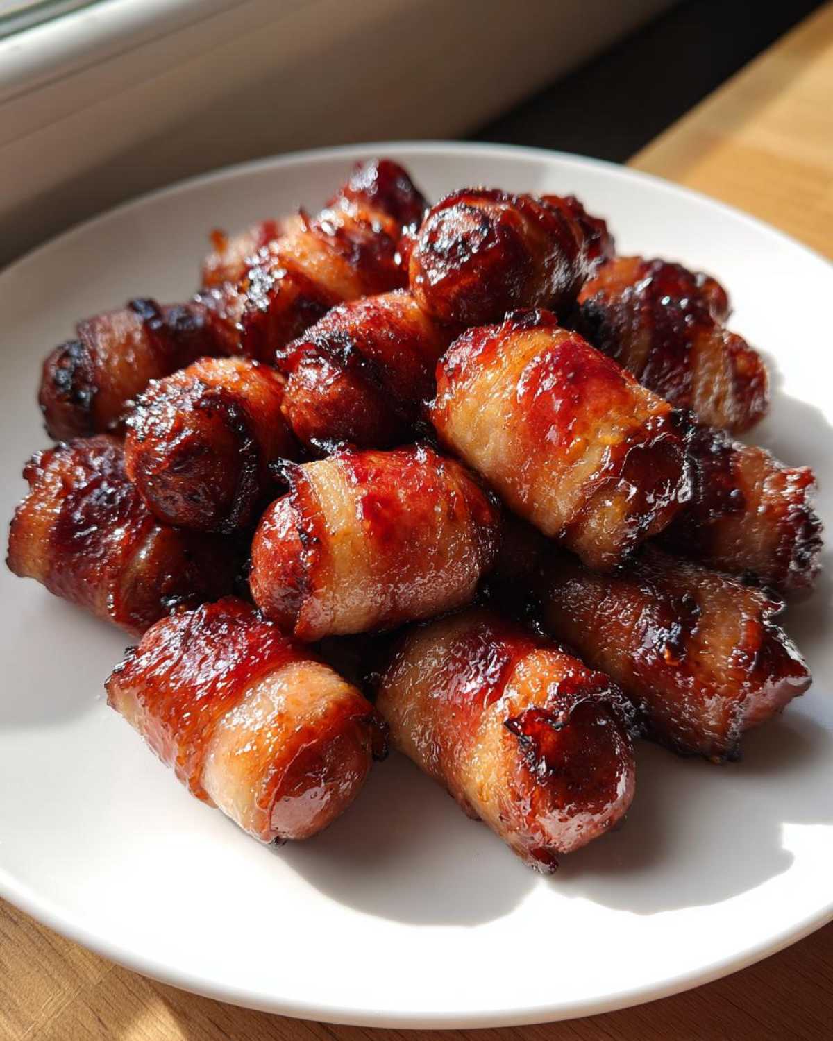 A pile of glistening, caramelized Apple Butter Bacon Wrapped Smokies on a white plate.