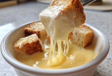 A piece of toasted bread is lifted from a white bowl filled with creamy Authentic White Wine Gruyère Fondue, showing long cheese strings.
