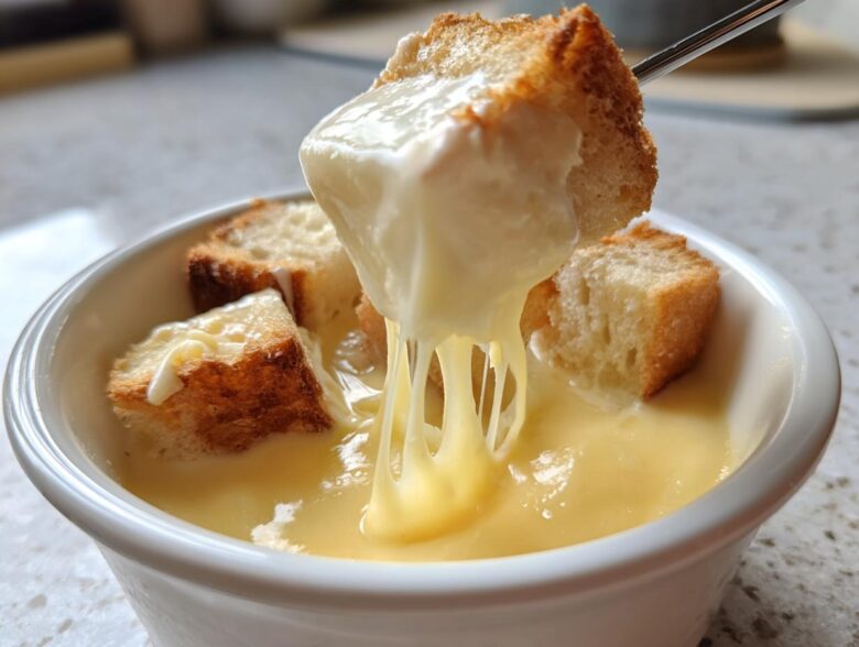 A piece of toasted bread is lifted from a white bowl filled with creamy Authentic White Wine Gruyère Fondue, showing long cheese strings.