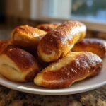 A pile of golden brown Bagel Dog Style Pigs in a Blanket stacked on a white plate.