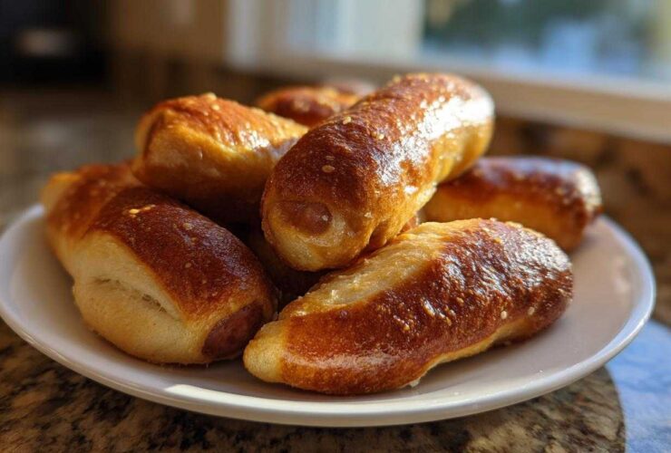 A pile of golden brown Bagel Dog Style Pigs in a Blanket stacked on a white plate.