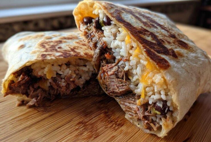 Cross-section view of a grilled BBQ Brisket Burritos stuffed with shredded meat, rice, cheese, and black beans.