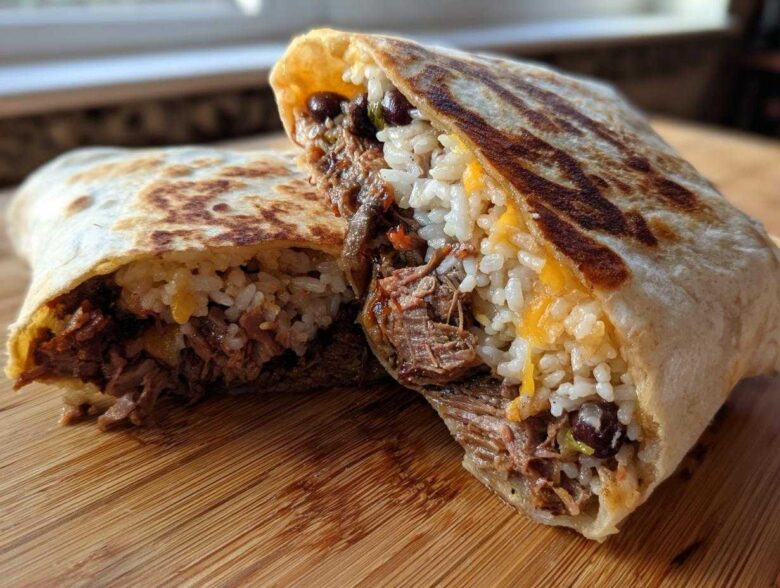 Cross-section view of a grilled BBQ Brisket Burritos stuffed with shredded meat, rice, cheese, and black beans.