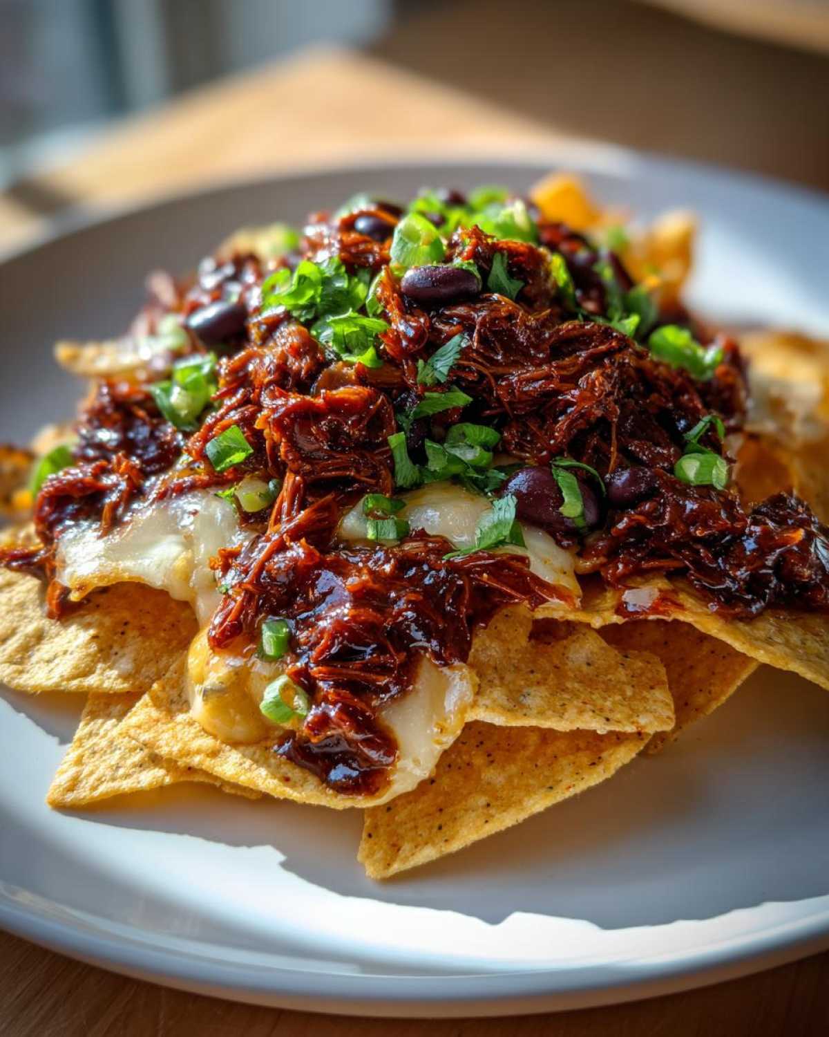 A close-up of delicious BBQ Jackfruit Nachos piled high with melted vegan cheese, black beans, and fresh green onions.