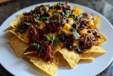 A plate of loaded BBQ Jackfruit Nachos topped with melted vegan cheese, black beans, and fresh cilantro.