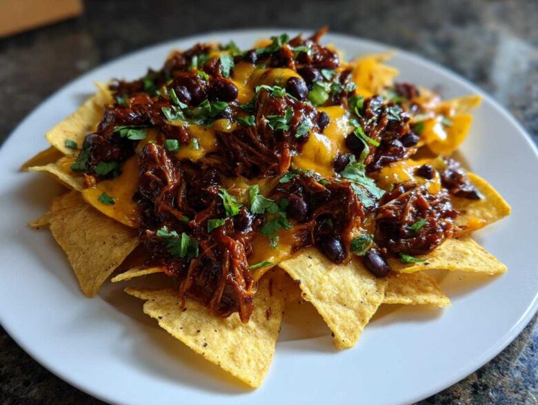A plate of loaded BBQ Jackfruit Nachos topped with melted vegan cheese, black beans, and fresh cilantro.