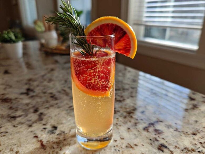 A tall glass of Blood Orange Mimosa with Rosemary, garnished with a blood orange wheel and fresh rosemary sprig.