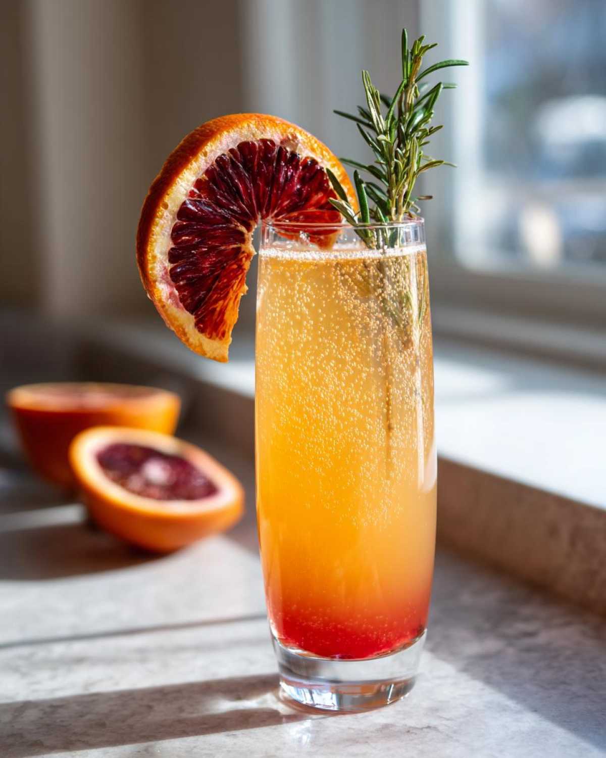 A tall glass of Blood Orange Mimosa with Rosemary, garnished with a blood orange slice.