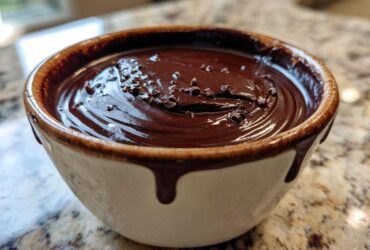 Close-up of rich, glossy Bourbon Dark Chocolate Fondue topped with chocolate shavings in a rustic white and brown bowl.
