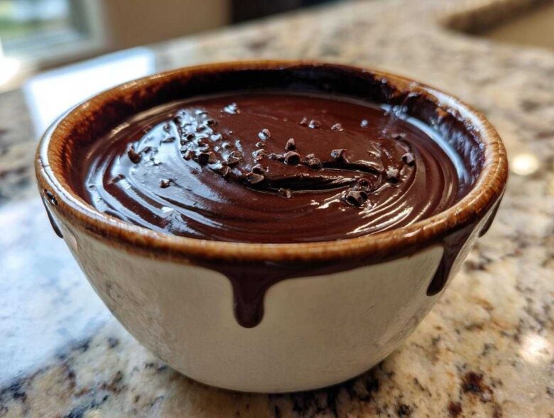 Close-up of rich, glossy Bourbon Dark Chocolate Fondue topped with chocolate shavings in a rustic white and brown bowl.