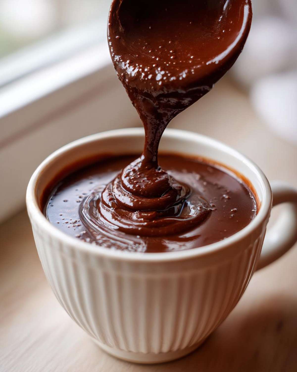 Close-up of thick, glossy Bourbon Dark Chocolate Fondue being poured from a spoon into a white, ribbed mug.