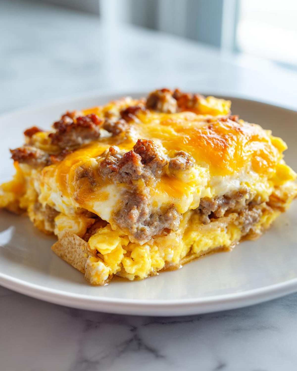 A close-up of a layered slice of Breakfast Nachos with Sausage and Scrambled Eggs, topped with melted cheddar cheese.