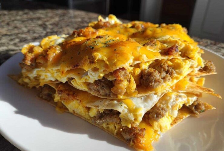 A rich stack of Breakfast Nachos with Sausage and Scrambled Eggs layered with tortillas and melted cheddar cheese.