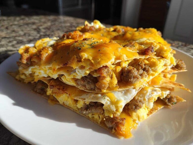 A rich stack of Breakfast Nachos with Sausage and Scrambled Eggs layered with tortillas and melted cheddar cheese.
