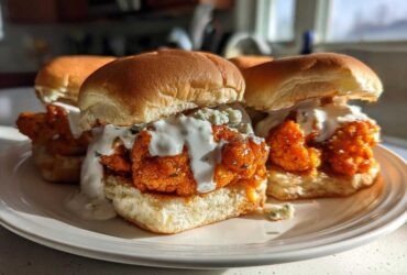 A plate holding several Buffalo Cauliflower Sliders topped generously with creamy blue cheese dressing.