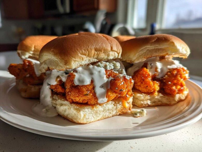 A plate holding several Buffalo Cauliflower Sliders topped generously with creamy blue cheese dressing.
