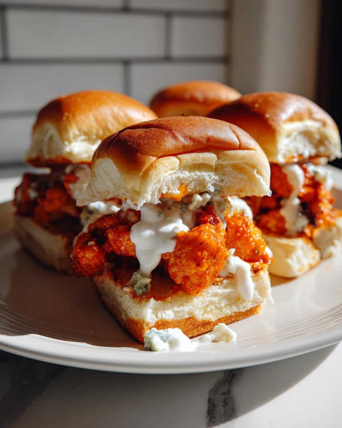 Close-up of several Buffalo Cauliflower Sliders with Blue Cheese sauce dripping over bright orange cauliflower florets on soft slider buns.