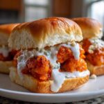A close-up of one of the Buffalo Cauliflower Sliders with Blue Cheese, featuring bright orange cauliflower, white sauce, and blue cheese crumbles on a soft bun.