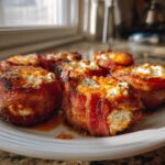 Close-up of several perfectly cooked Buffalo Chicken Filling Pig Shots wrapped in crispy bacon on a white plate.