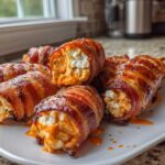 Close-up of several bacon-wrapped Buffalo Chicken Filling Pig Shots on a white plate, showing the creamy filling.