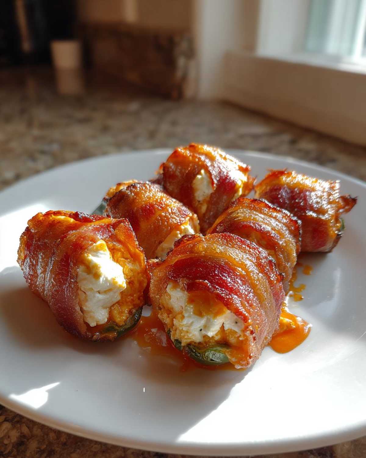 Close-up of cooked Buffalo Chicken Filling Pig Shots wrapped in crispy bacon and stuffed with cream cheese.
