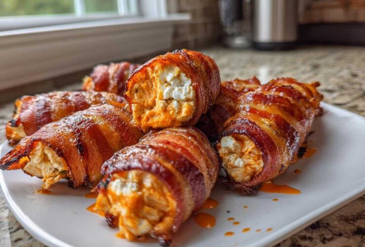 Close-up of several bacon-wrapped Buffalo Chicken Filling Pig Shots on a white plate, showing the creamy filling.