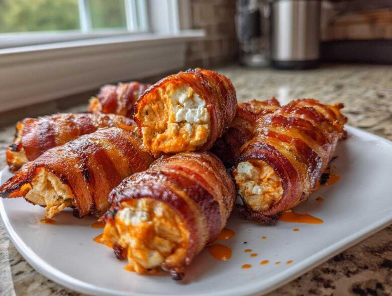 Close-up of several bacon-wrapped Buffalo Chicken Filling Pig Shots on a white plate, showing the creamy filling.
