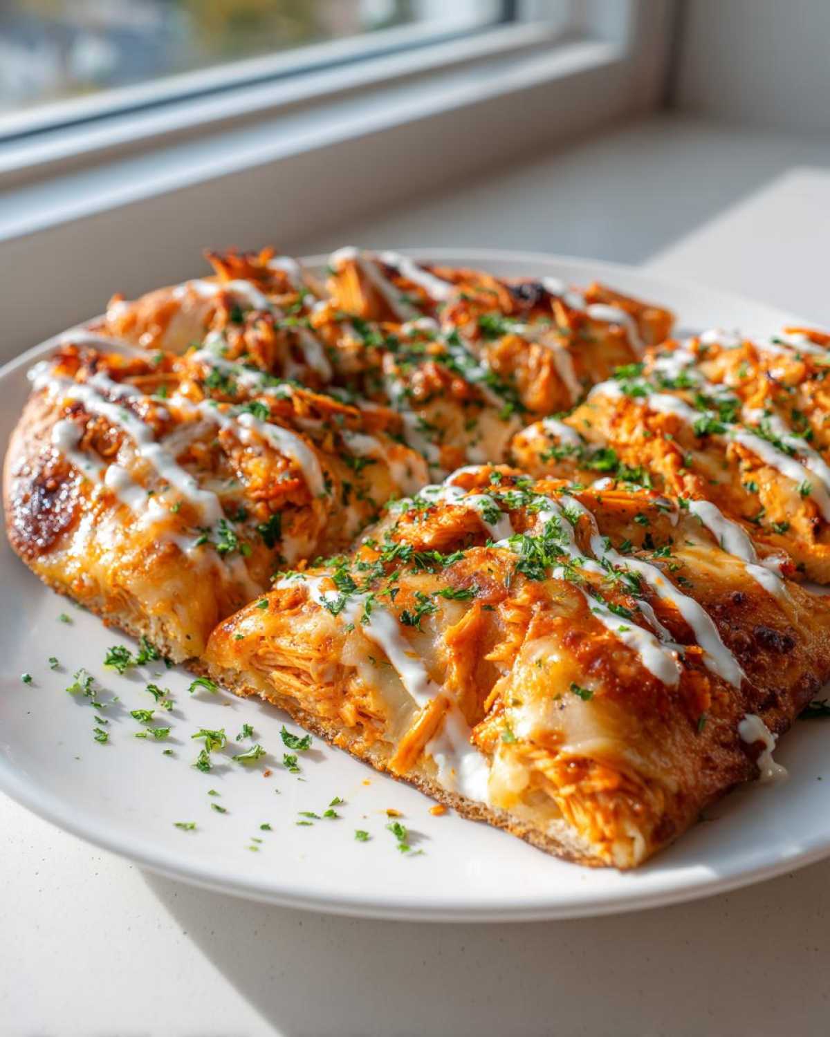 Close-up of sliced Buffalo Chicken Flatbread Pizza topped with melted cheese, ranch drizzle, and parsley.