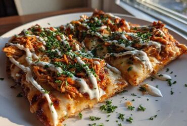 Close-up of two slices of Buffalo Chicken Flatbread Pizza topped with shredded chicken, cheese, ranch drizzle, and parsley.
