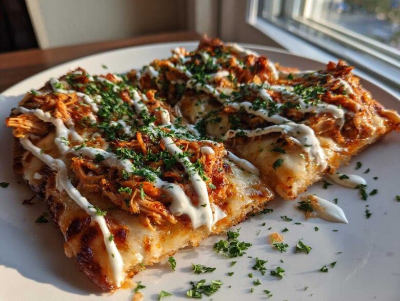 Close-up of two slices of Buffalo Chicken Flatbread Pizza topped with shredded chicken, cheese, ranch drizzle, and parsley.
