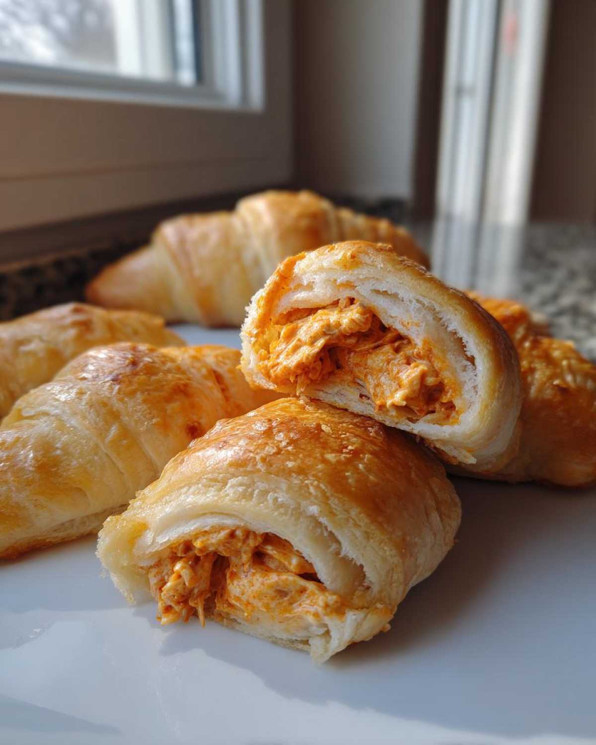 A close-up of Buffalo Chicken Pigs in a Blanket, one cut in half showing the creamy orange buffalo chicken filling inside the flaky pastry.