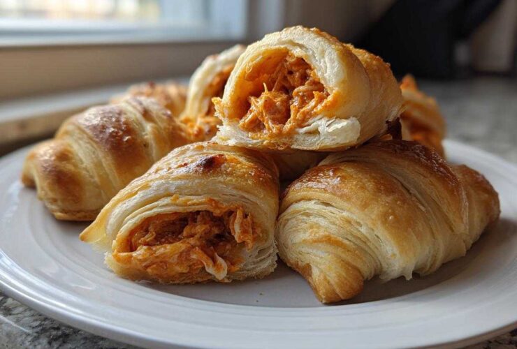 Golden baked Buffalo Chicken Pigs in a Blanket, one cut open to show the shredded spicy filling.