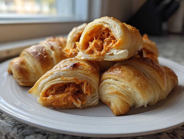 Golden baked Buffalo Chicken Pigs in a Blanket, one cut open to show the shredded spicy filling.