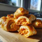 A stack of golden brown Buffalo Chicken Pigs in a Blanket, one cut open revealing the spicy orange chicken filling.
