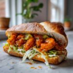 A close-up shot of a mini Buffalo Shrimp Po' Boy sandwich filled with saucy shrimp, shredded lettuce, and pickles.