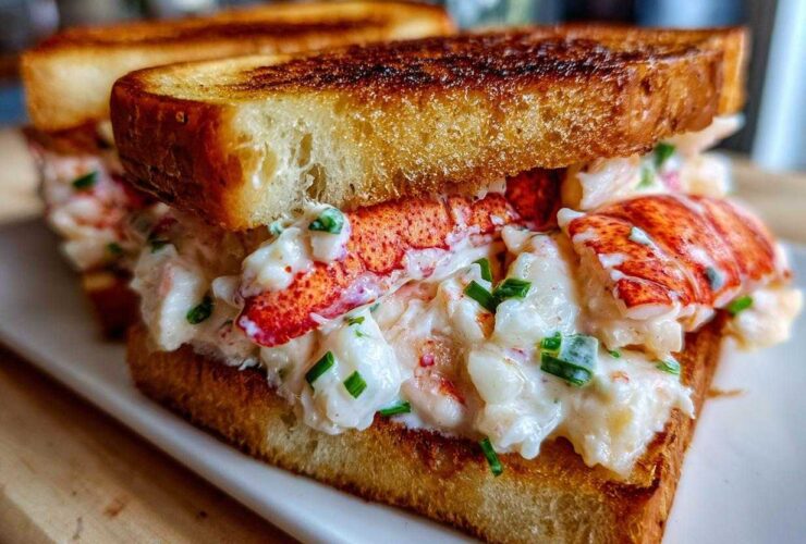 A close-up of a decadent Butter-Poached Lobster Tail Sandwich featuring creamy lobster salad and toasted brioche.