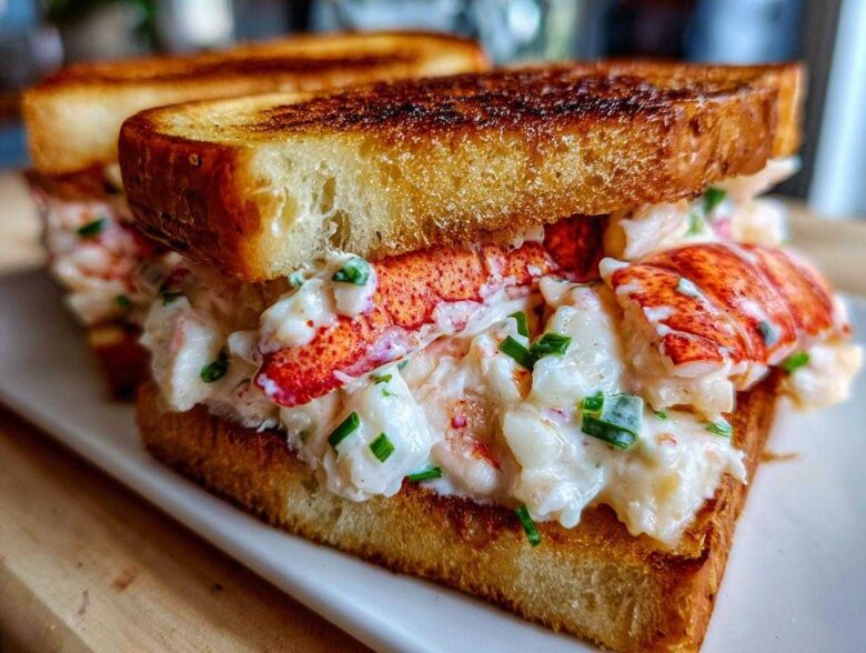 A close-up of a decadent Butter-Poached Lobster Tail Sandwich featuring creamy lobster salad and toasted brioche.