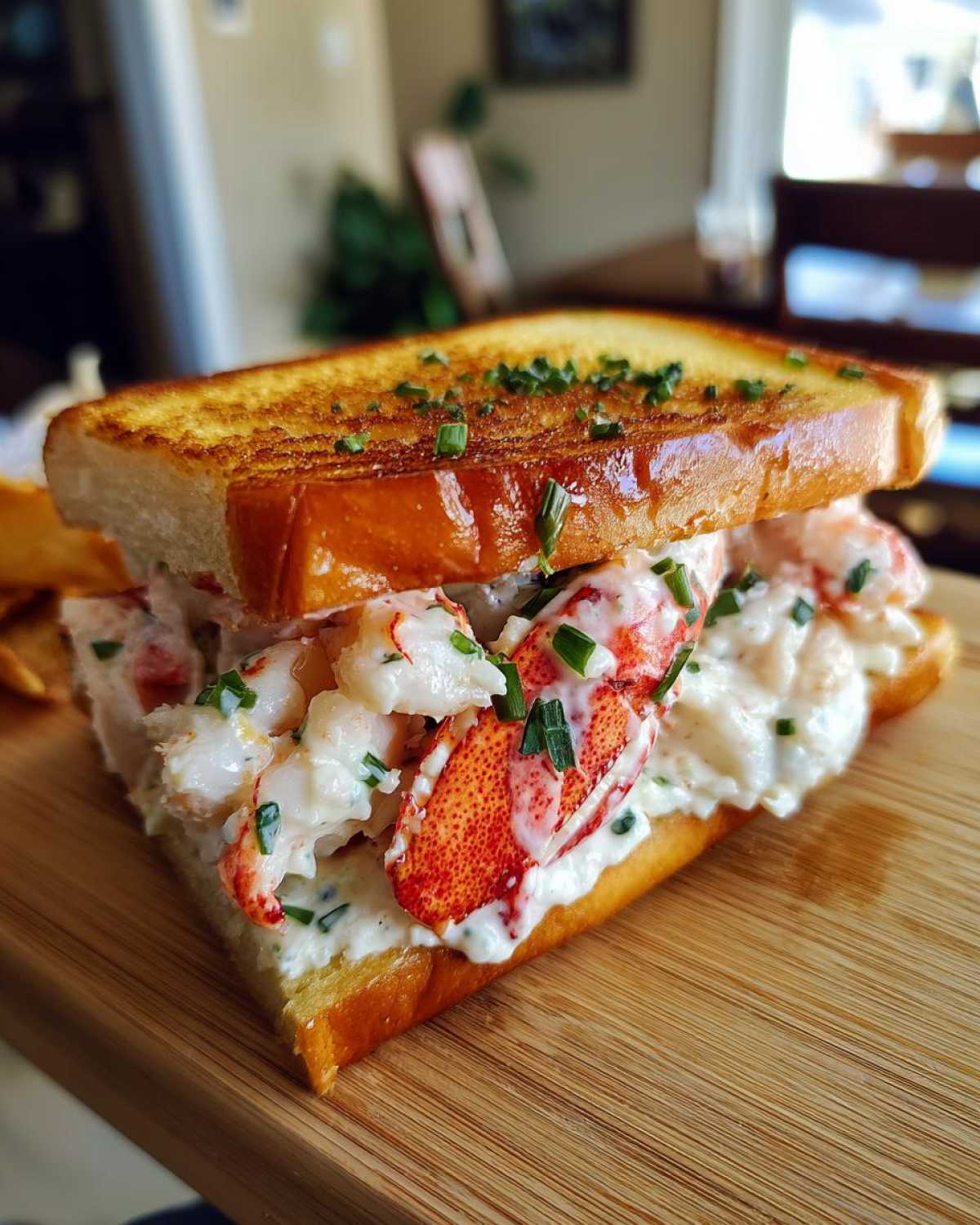 A close-up of a rich Butter-Poached Lobster Tail Sandwich filled with creamy lobster salad and topped with chives on toasted brioche.
