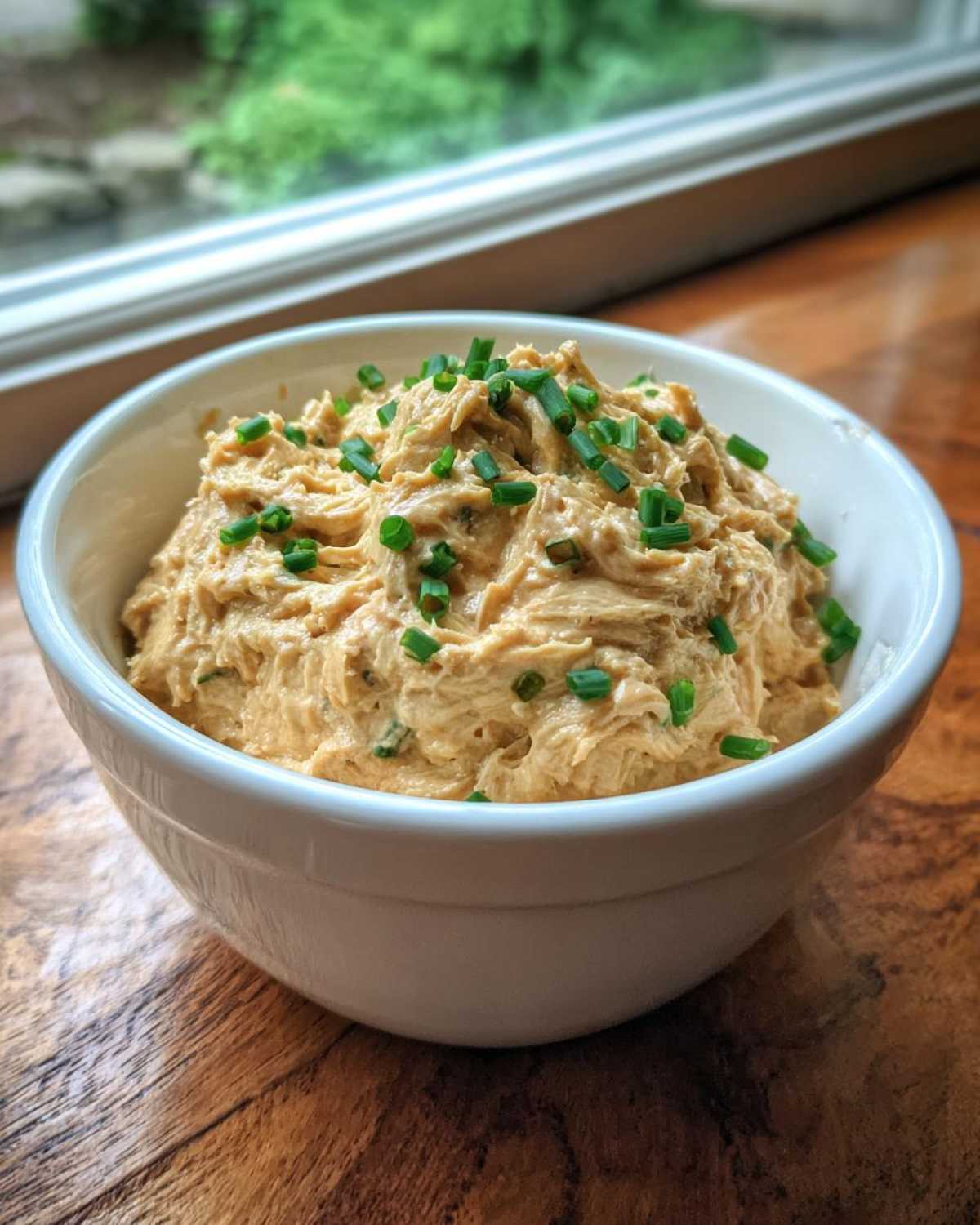 A creamy bowl of Caramelized Onion Neiman Marcus Dip topped with fresh green chives.