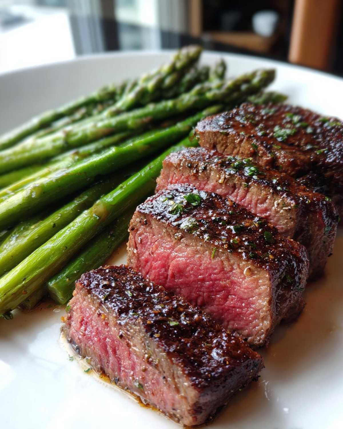 Slices of medium-rare Cast Iron Filet Mignon served alongside bright green asparagus spears.