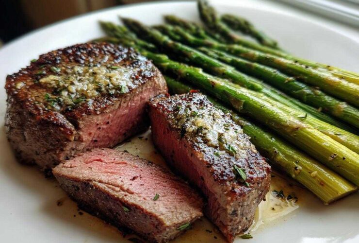 A perfectly cooked Cast Iron Filet Mignon, sliced to show medium-rare center, served alongside bright green asparagus spears.