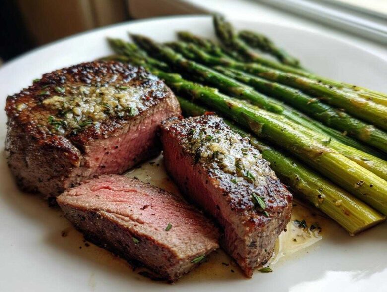 A perfectly cooked Cast Iron Filet Mignon, sliced to show medium-rare center, served alongside bright green asparagus spears.