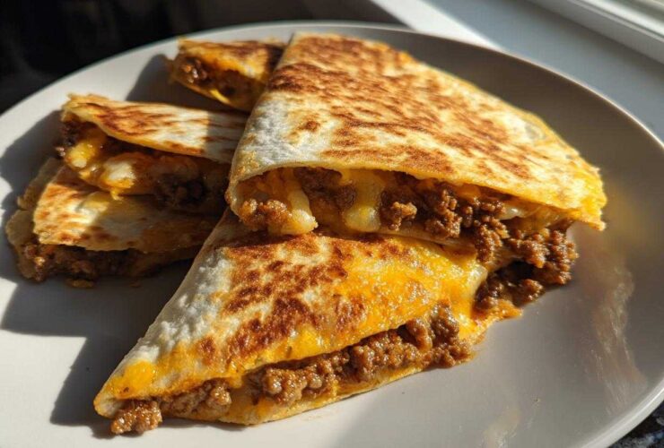 Four wedges of golden-brown Cheeseburger Quesadillas filled with seasoned ground beef and melted cheddar cheese, served on a white plate.