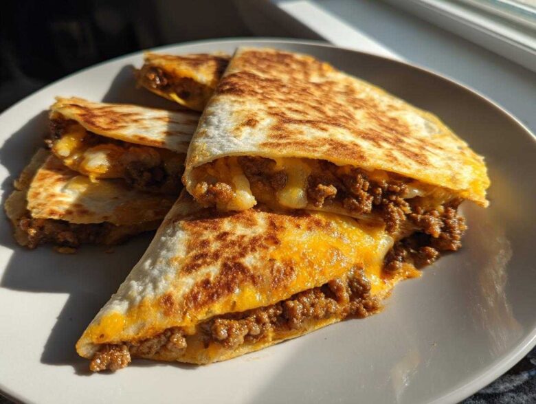 Four wedges of golden-brown Cheeseburger Quesadillas filled with seasoned ground beef and melted cheddar cheese, served on a white plate.