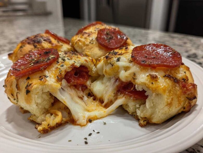 Close-up of cheesy Pepperoni Pizza Roll Ups, one is broken open showing a dramatic cheese pull.